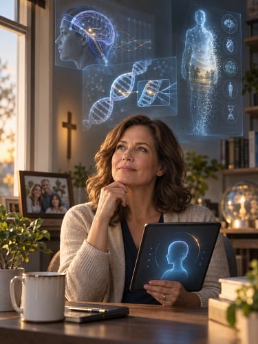 mother at ease with tech in AI vs I AM book by Mario Diana MD