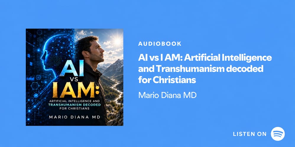 AI vs I AM audiobook announcement with book cover and Spotify listening graphic